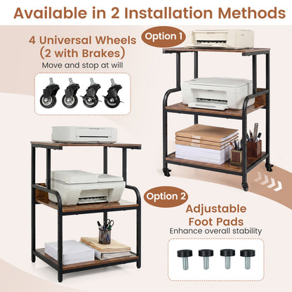 3-Tier Rolling Printer Stand with Adjustable Shelf