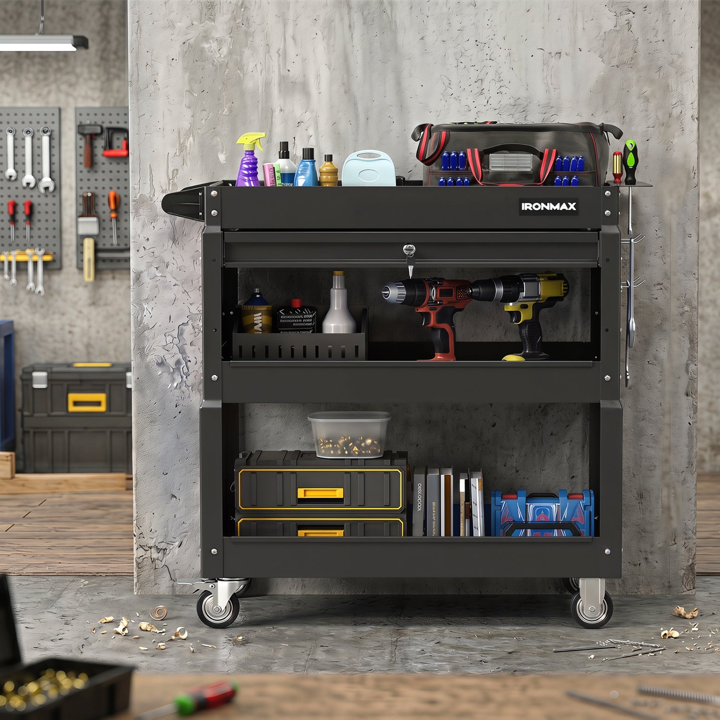 3-Tier Rolling Tool Cart with Lockable Drawer