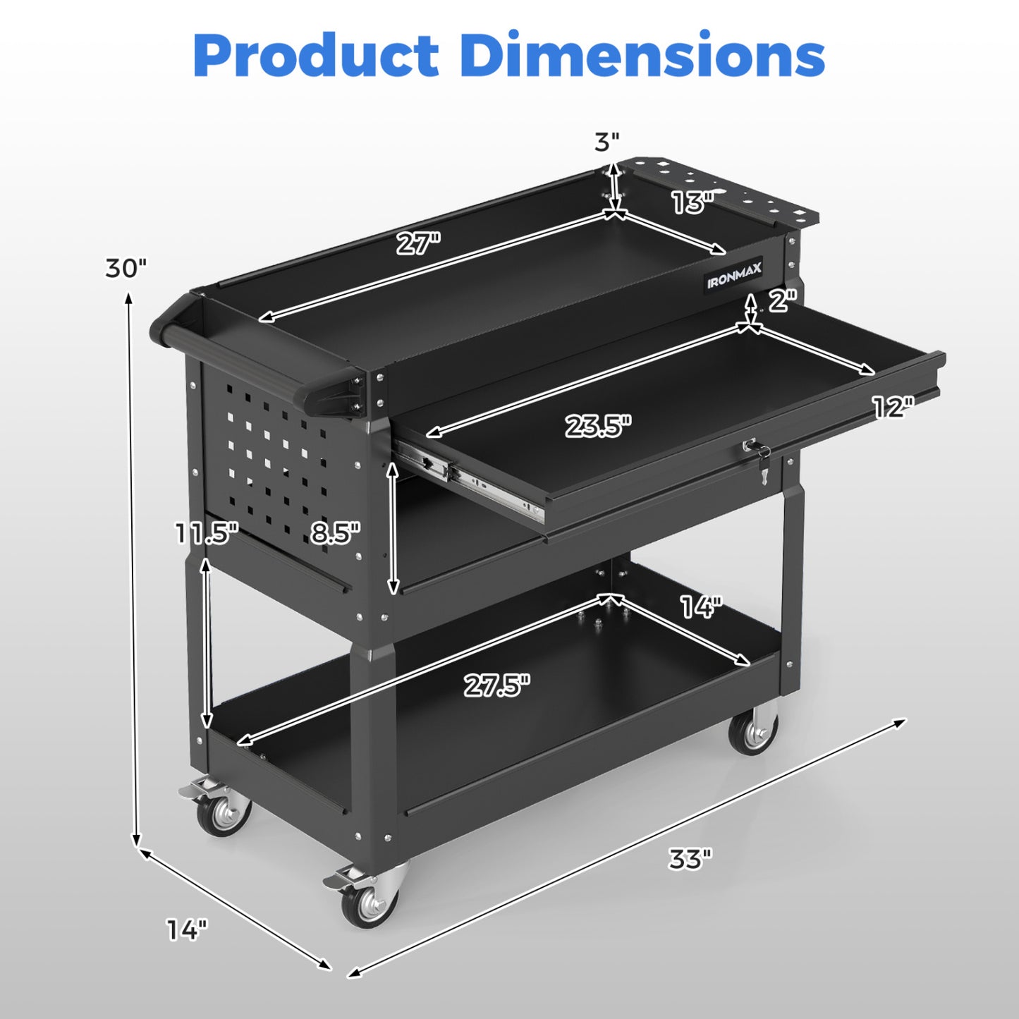 3-Tier Rolling Tool Cart with Lockable Drawer