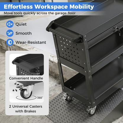 3-Tier Rolling Tool Cart with Lockable Drawer