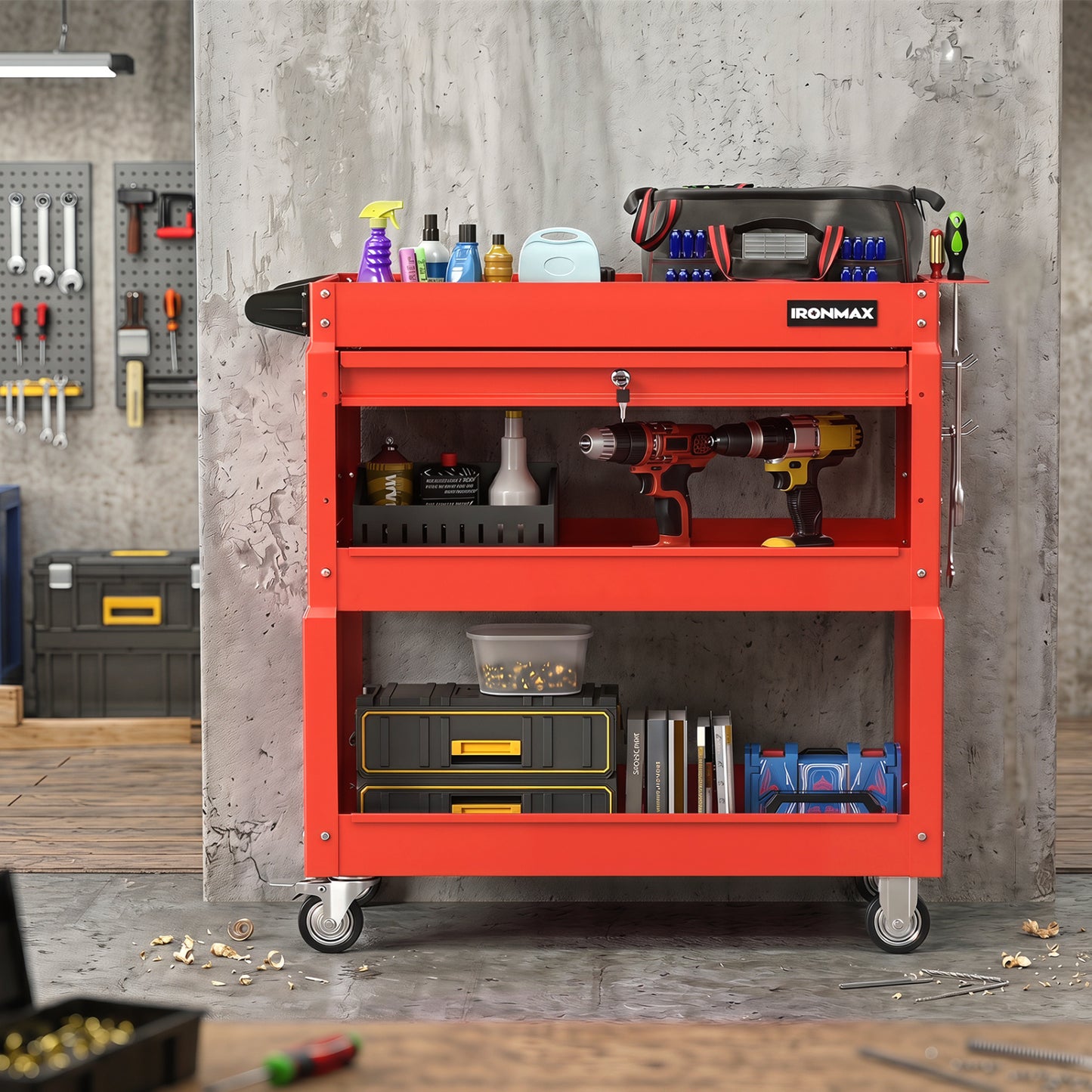3-Tier Rolling Tool Cart with Lockable Drawer