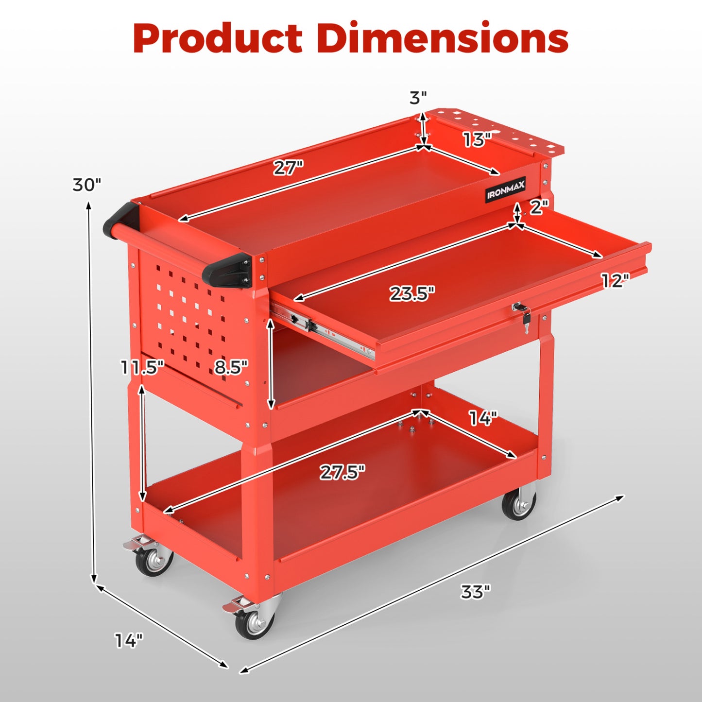 3-Tier Rolling Tool Cart with Lockable Drawer