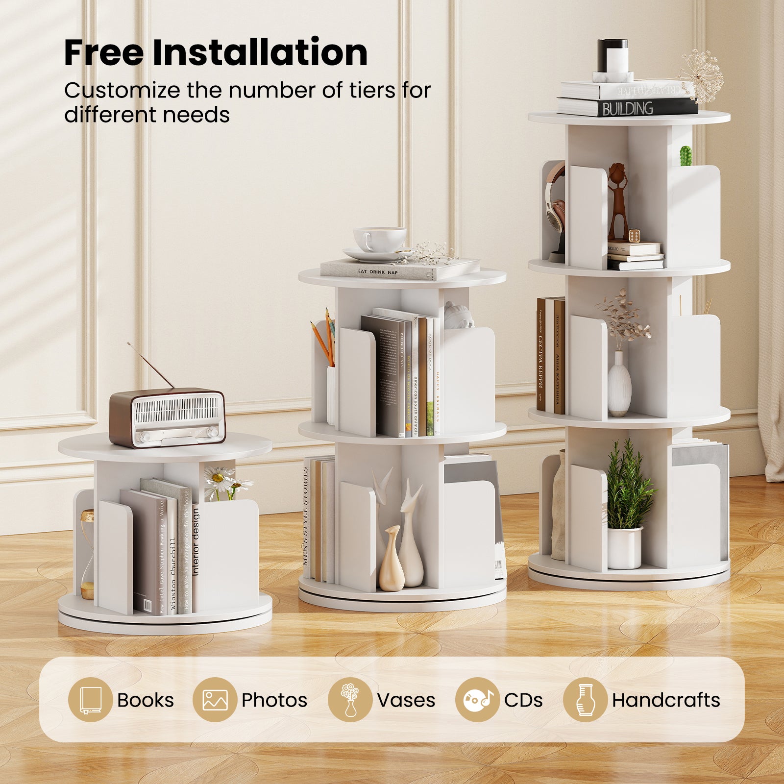3-Tier Rotating Bookshelf with Dividers and Anti-falling Baffles-White