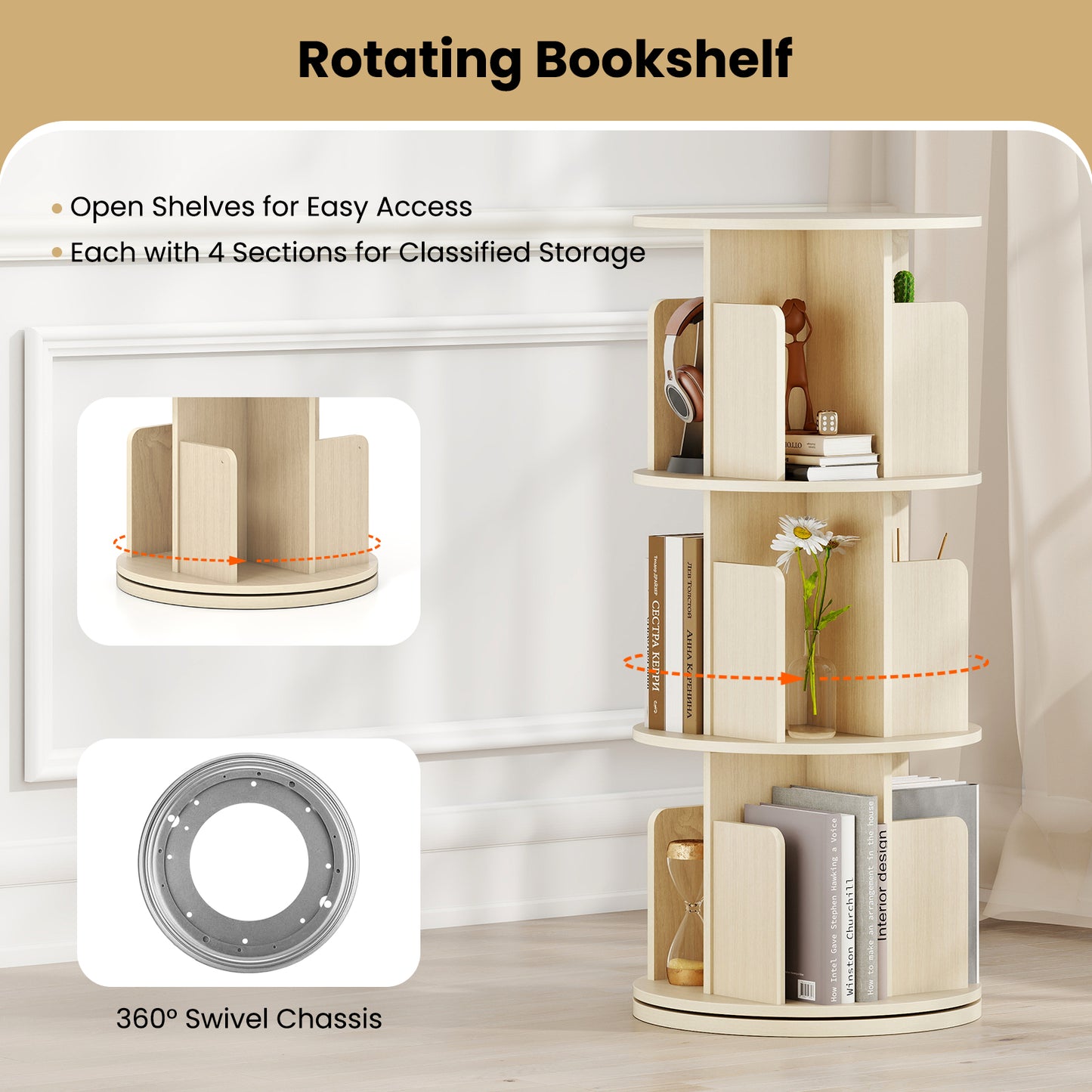 3-Tier Rotating Bookshelf with Dividers and Anti-falling Baffles-Natural