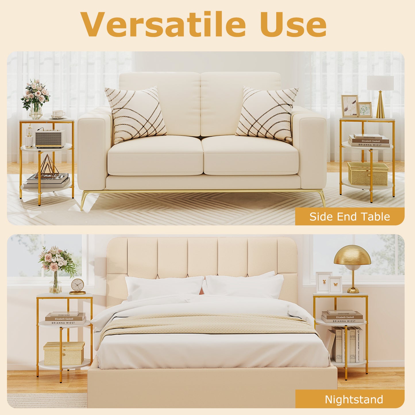 3-Tier Round End Table for Small Space and Bedroom Room-Set of 2