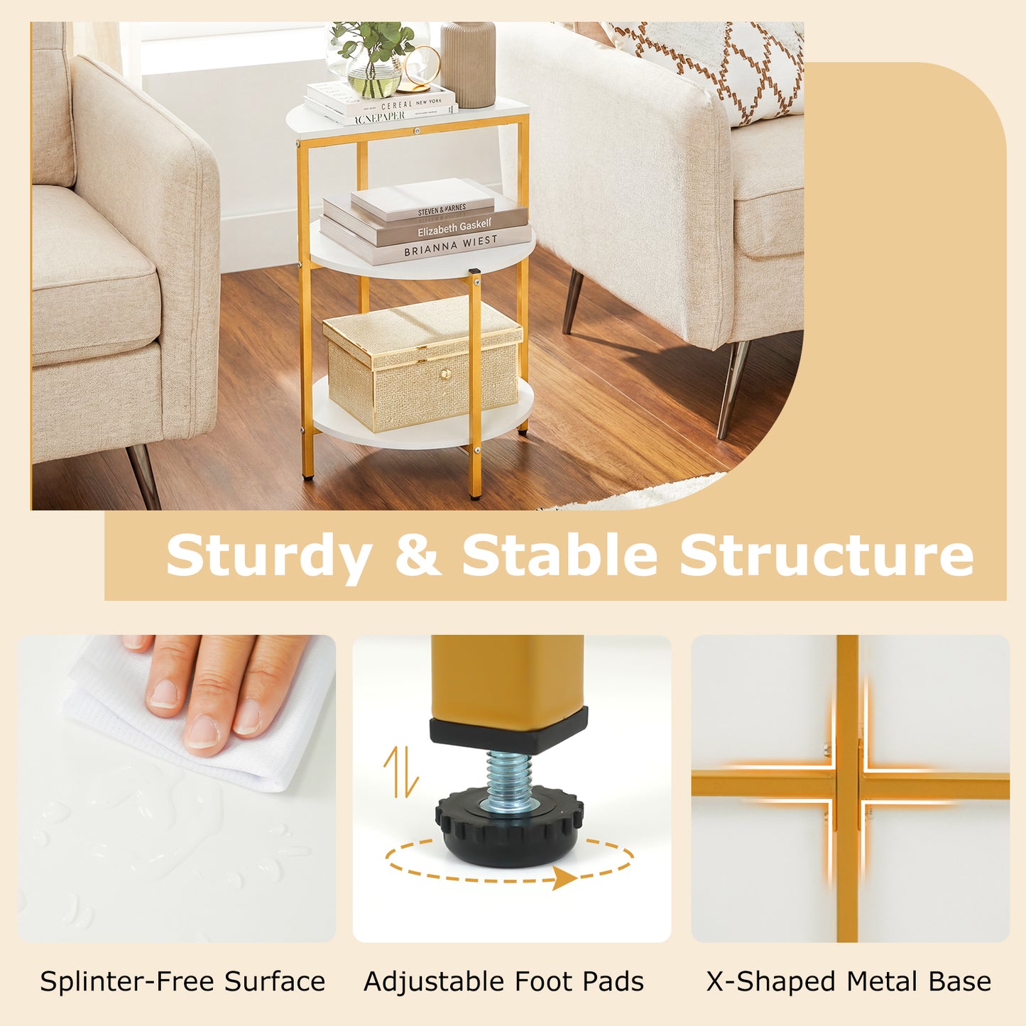 3-Tier Round End Table for Small Space and Bedroom Room-Set of 1
