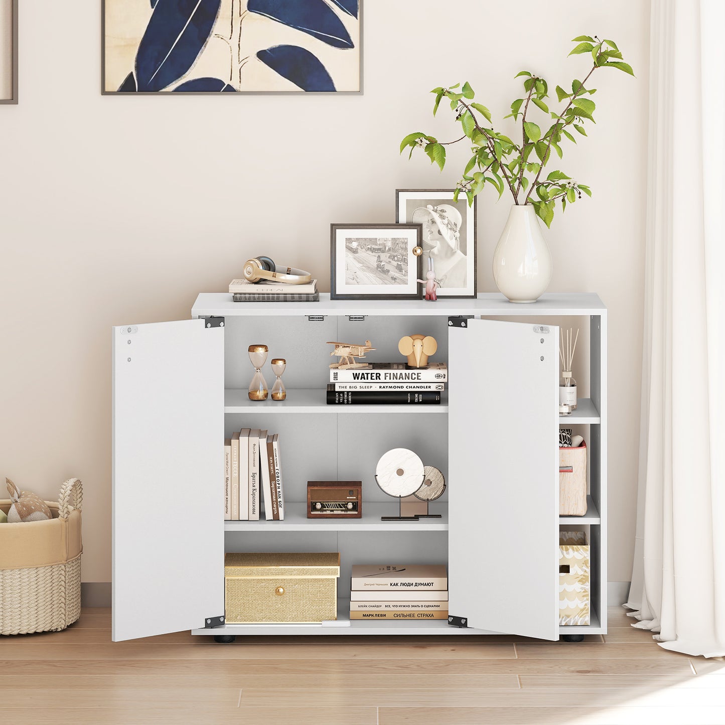 3-Tier Shoe Cabinet with Doors with Adjustable Open Shelves for Entryway-White