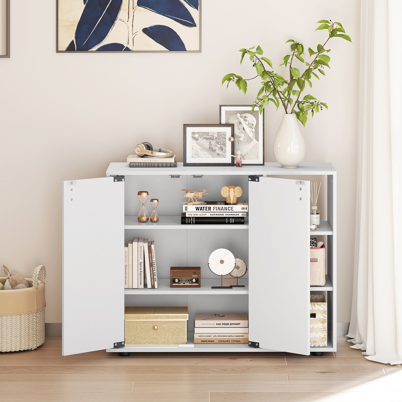 3-Tier Shoe Cabinet with Doors with Adjustable Open Shelves for Entryway-White