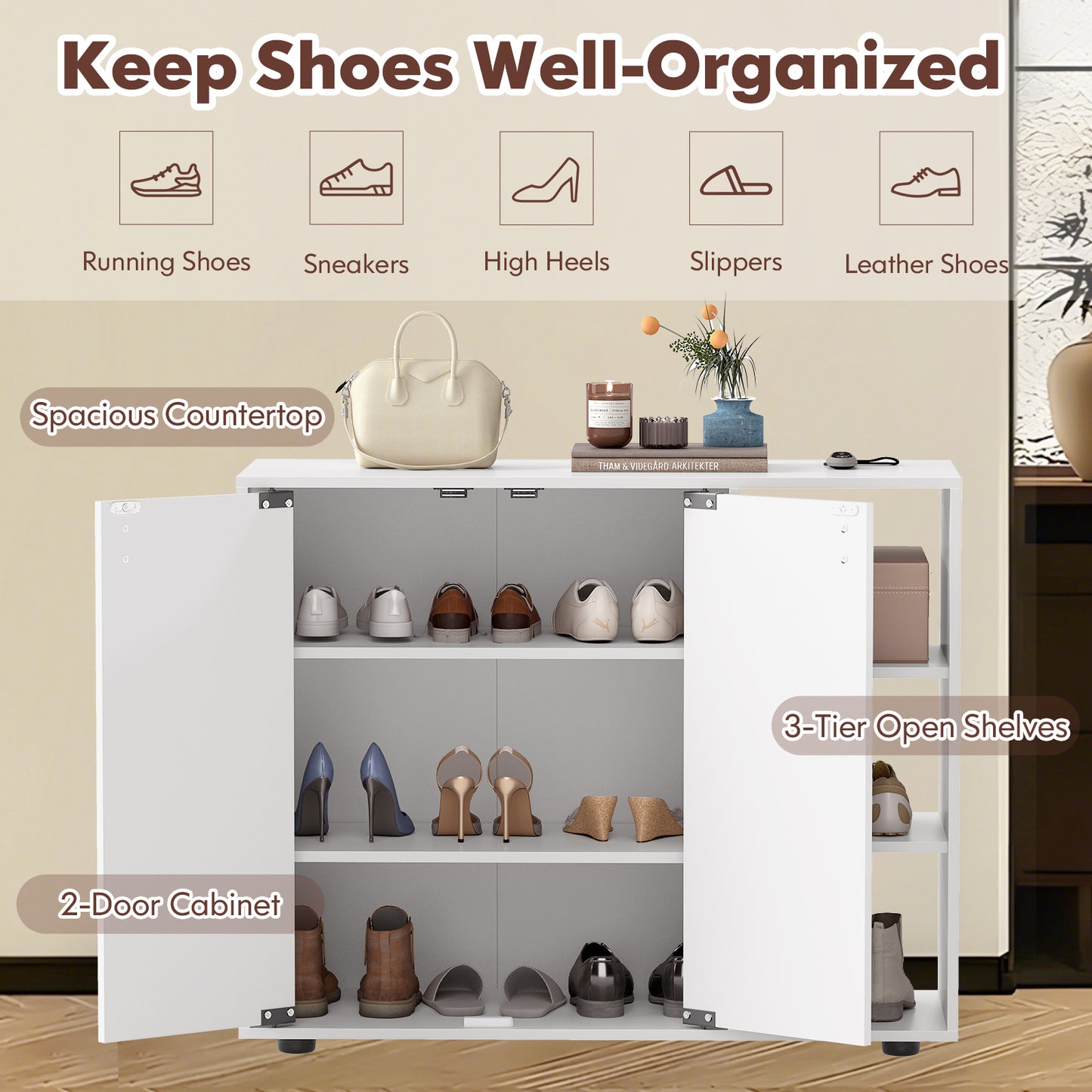 3-Tier Shoe Cabinet with Doors with Adjustable Open Shelves for Entryway-White