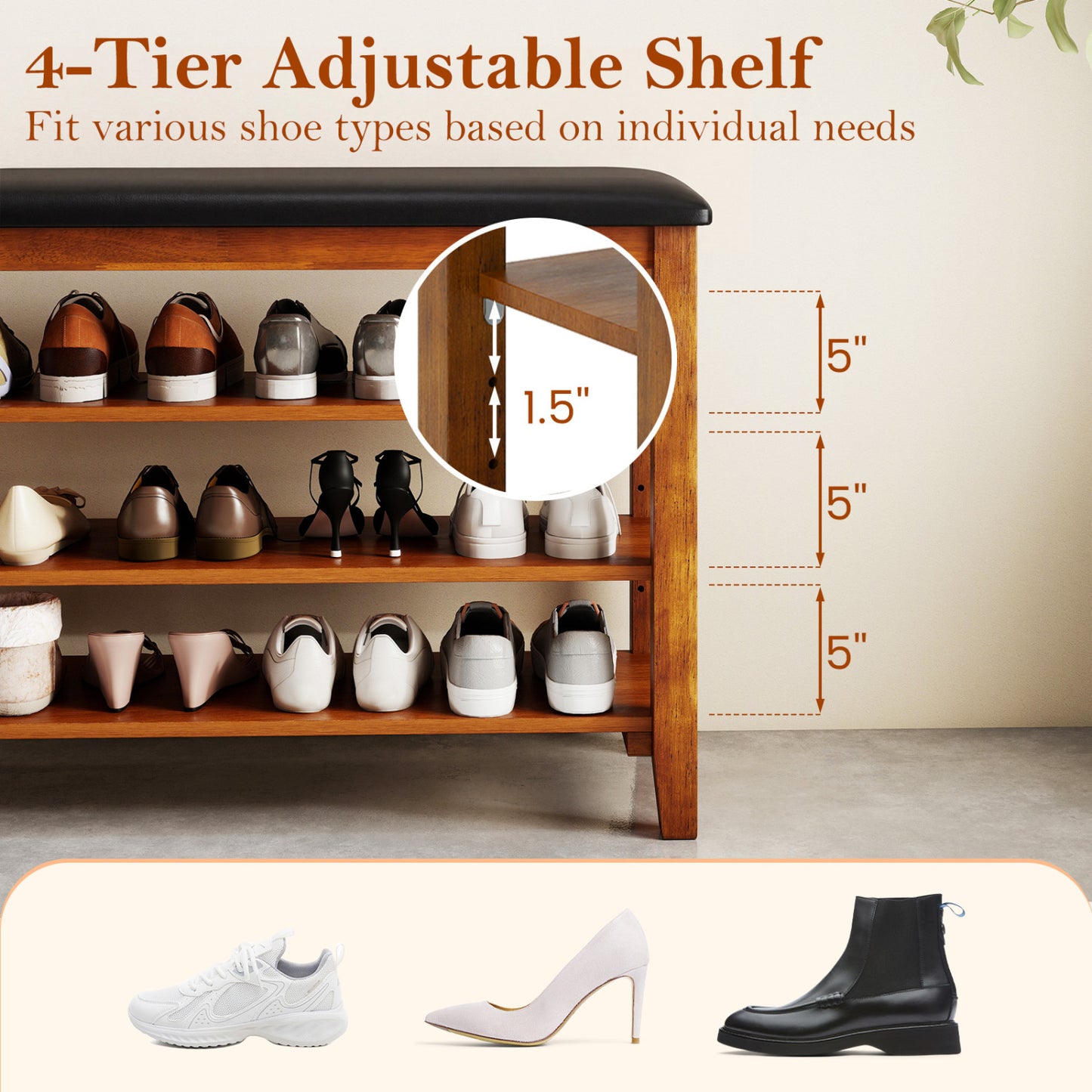 3-Tier Shoe Rack Bench with Adjustable Shelves and Soft Cushion for Entryway and Living Room