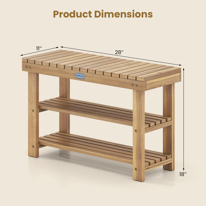 3-Tier Solid Wood Shoe Rack Bench with Slatted Shelves