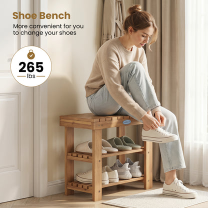 3-Tier Solid Wood Shoe Rack Bench with Slatted Shelves