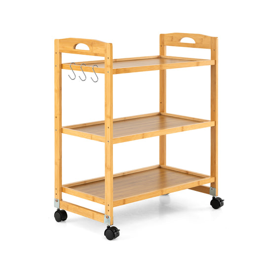 3-Tier Storage Rolling Cart Bamboo Utility Cart with 4 Universal Wheels