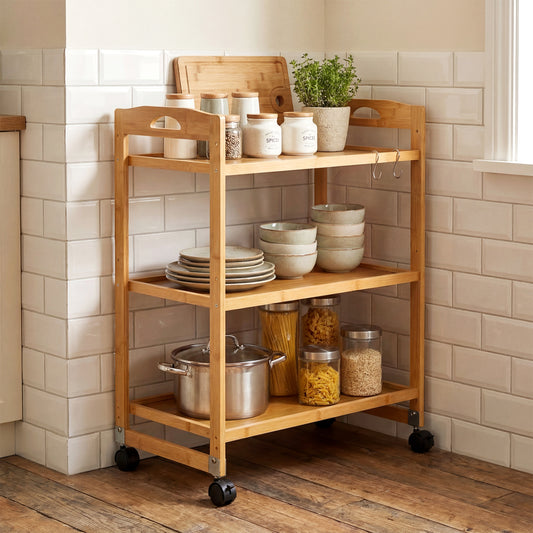 3-Tier Storage Rolling Cart Bamboo Utility Cart with 4 Universal Wheels