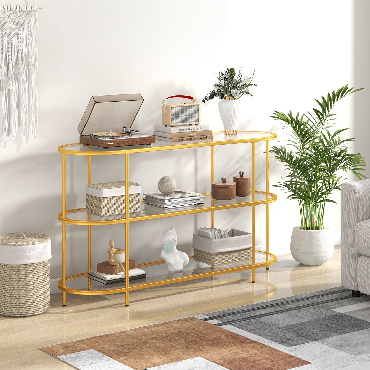 3 Tier TV Stand Console Table with Tempered Glass Shelves for Living Room-Golden