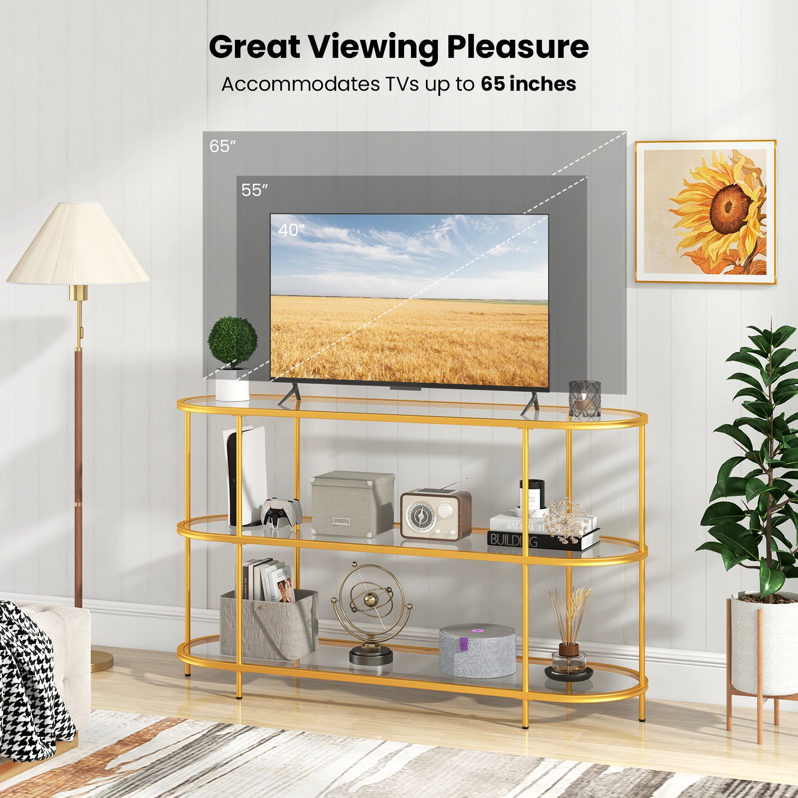 3 Tier TV Stand Console Table with Tempered Glass Shelves for Living Room-Golden