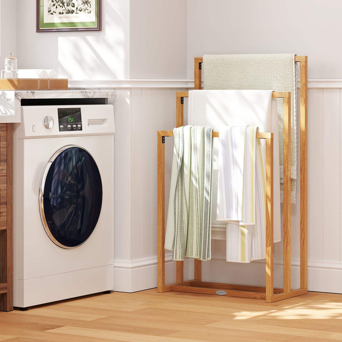 3-Tier Teak Wood Towel Rack with 3 Hanging Crossbars