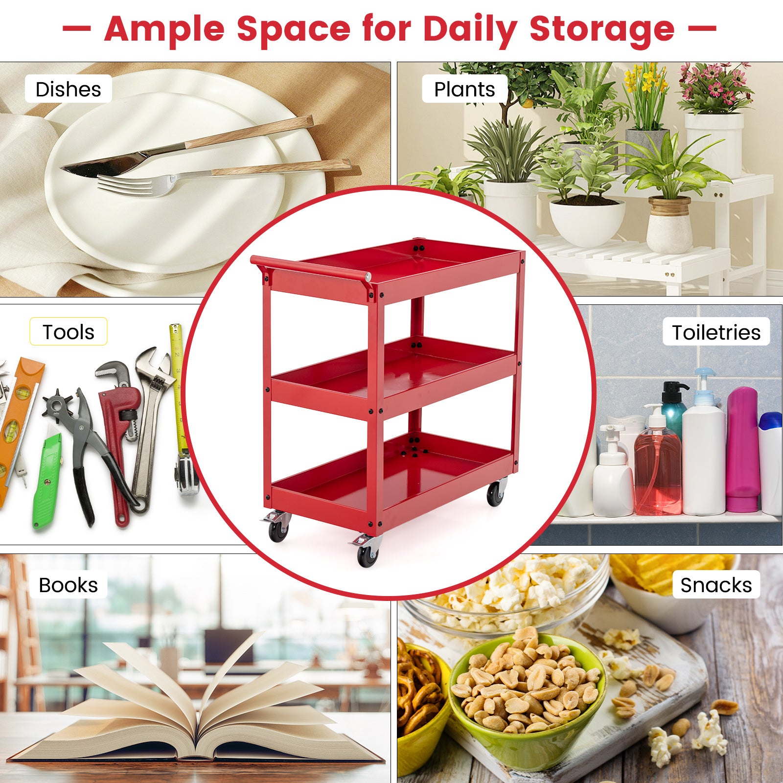 3-Tier Utility Cart Metal Mental Storage Service Trolley-Red