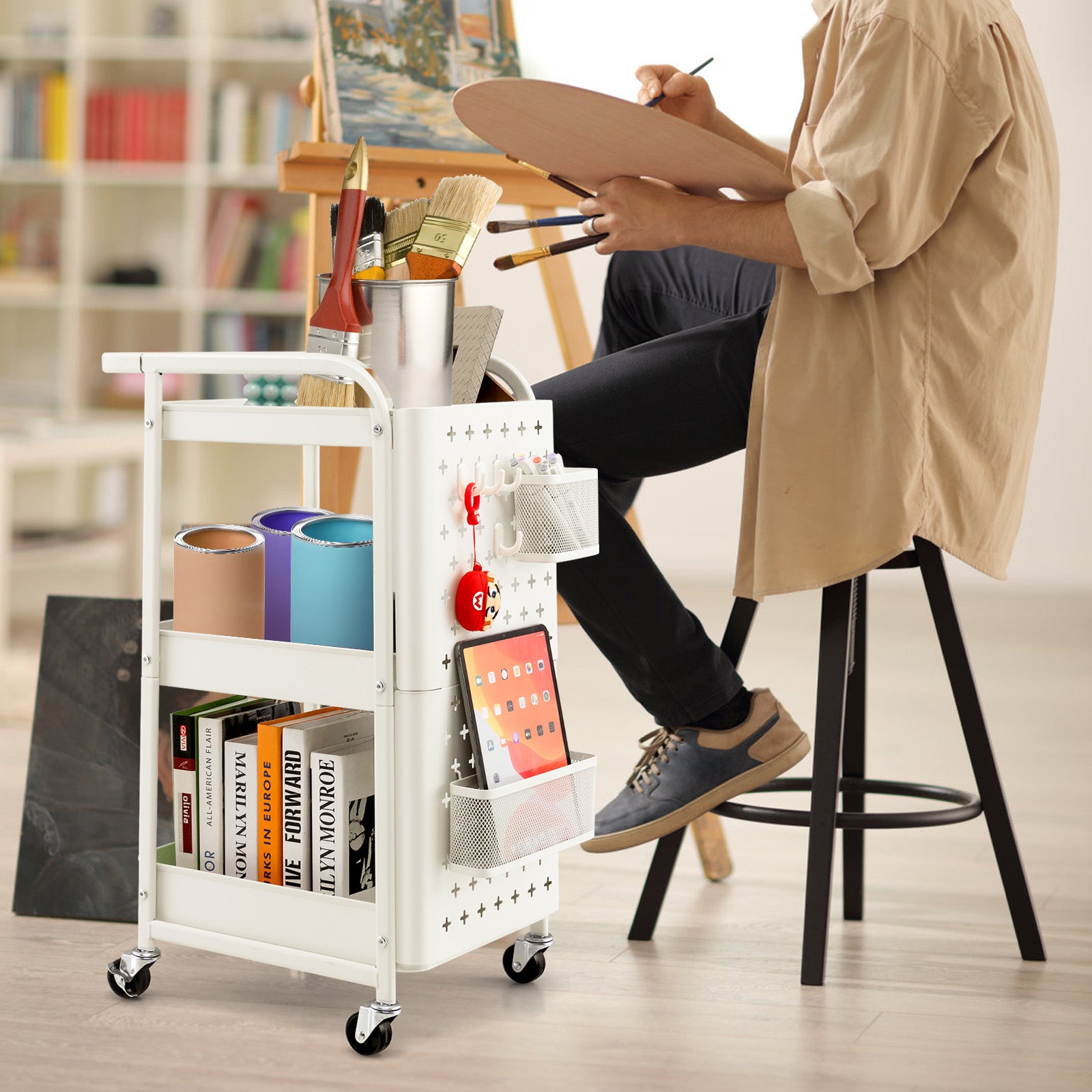 3-Tier Utility Storage Cart with DIY Pegboard Baskets-White