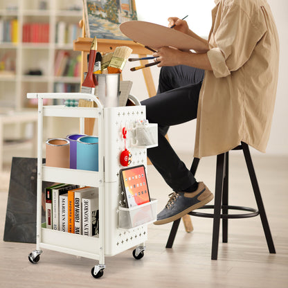3-Tier Utility Storage Cart with DIY Pegboard Baskets-White