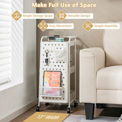 3-Tier Utility Storage Cart with DIY Pegboard Baskets-White