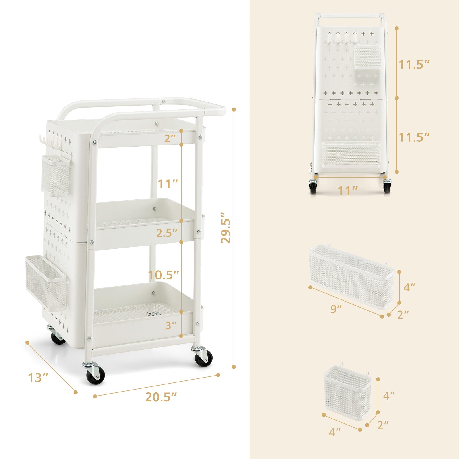 3-Tier Utility Storage Cart with DIY Pegboard Baskets-White