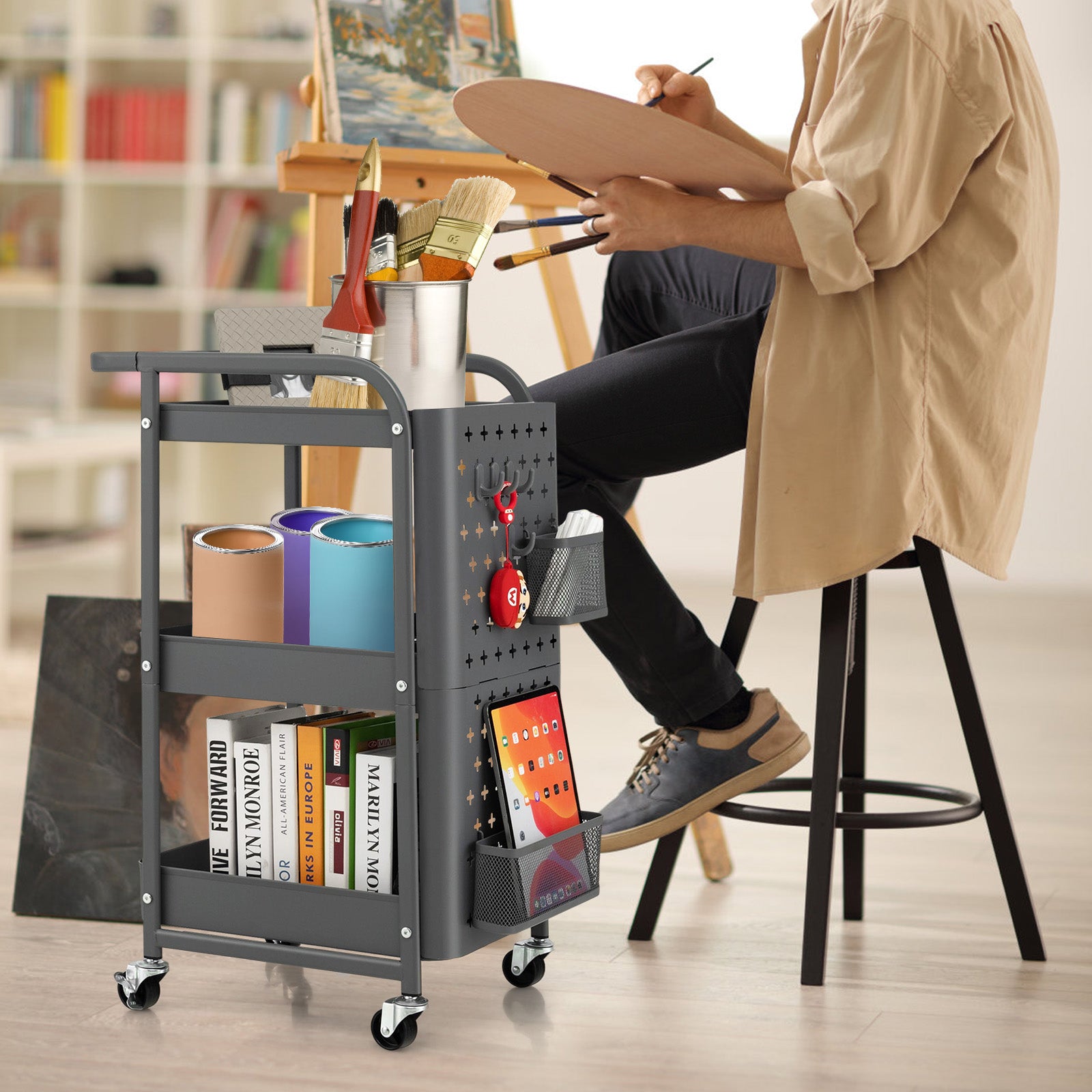 3-Tier Utility Storage Cart with DIY Pegboard Baskets-Gray