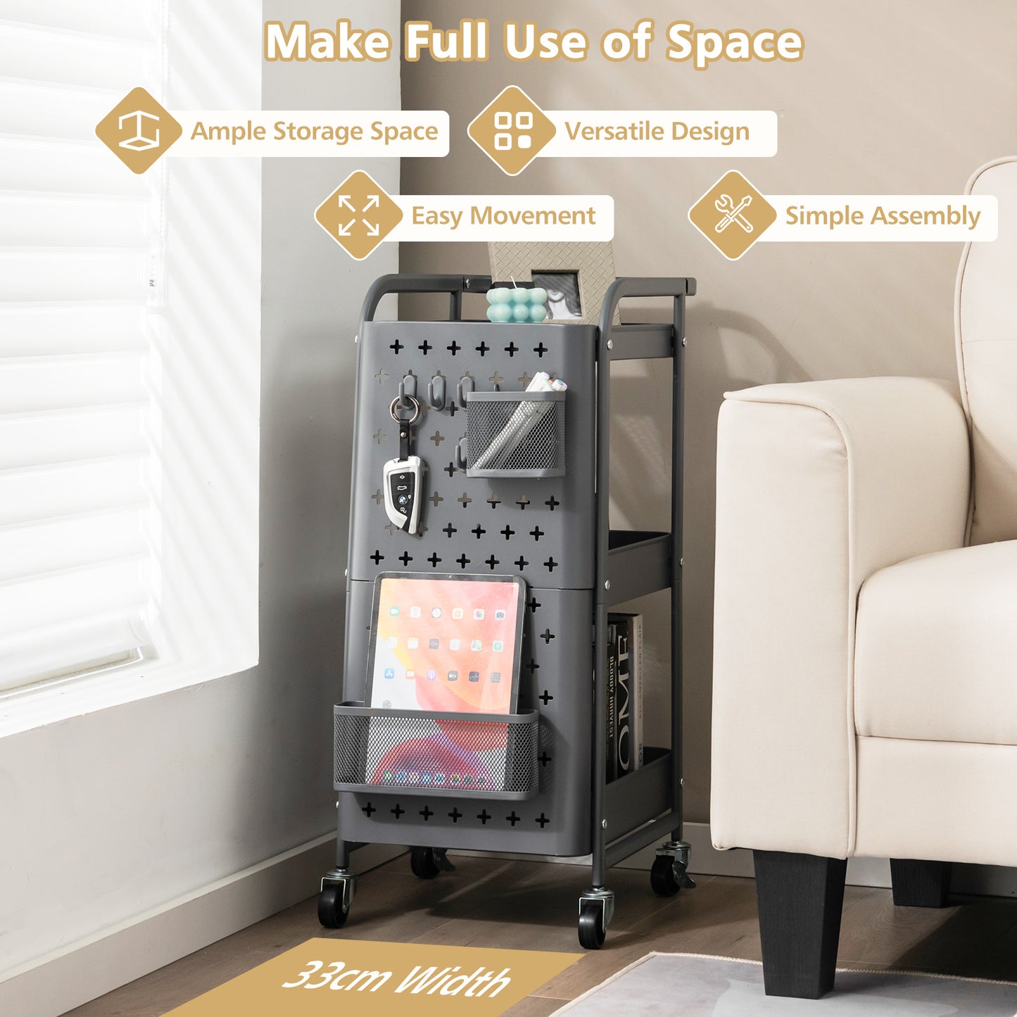 3-Tier Utility Storage Cart with DIY Pegboard Baskets-Gray