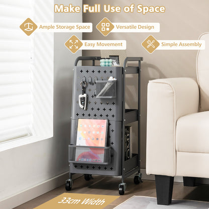 3-Tier Utility Storage Cart with DIY Pegboard Baskets-Gray