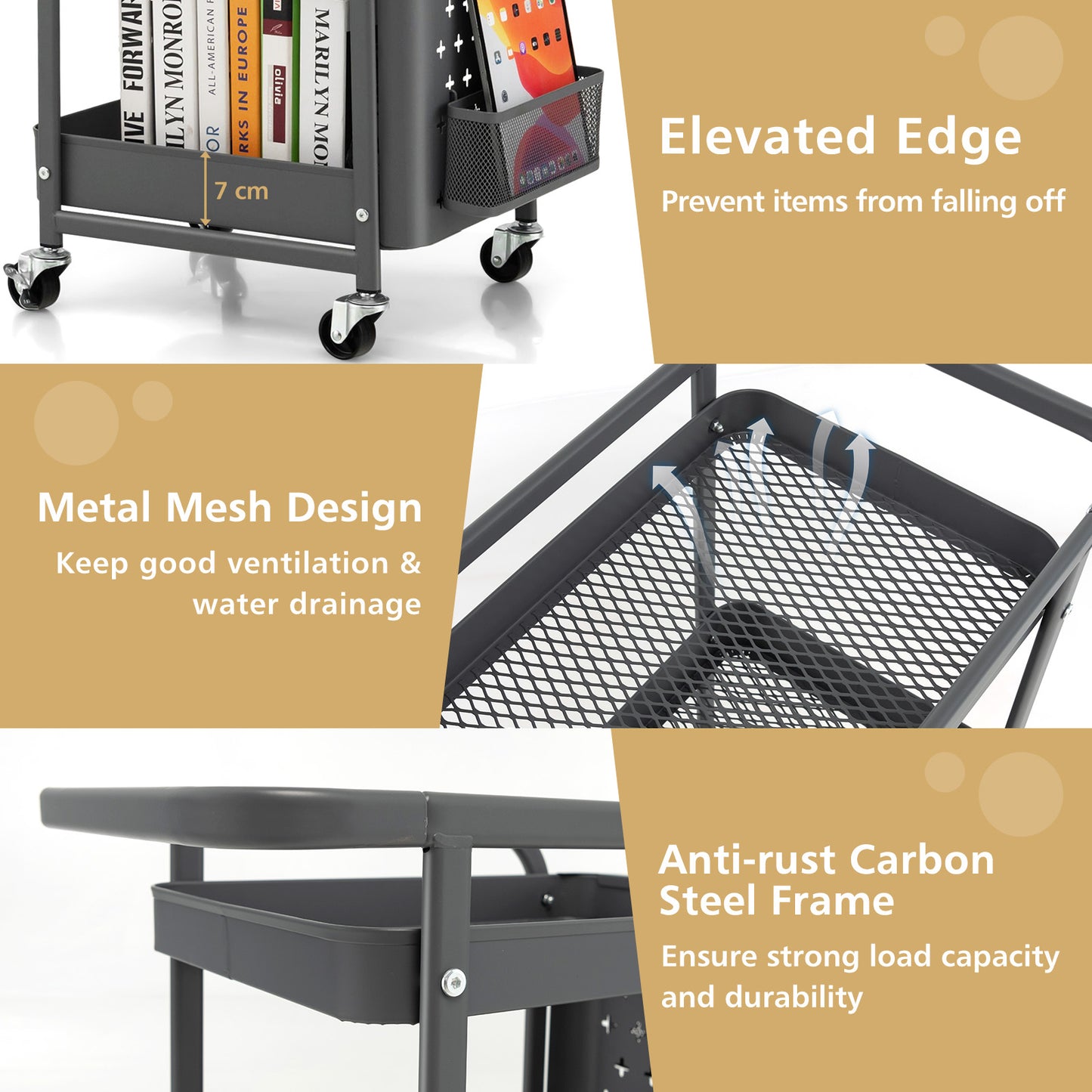3-Tier Utility Storage Cart with DIY Pegboard Baskets-Gray