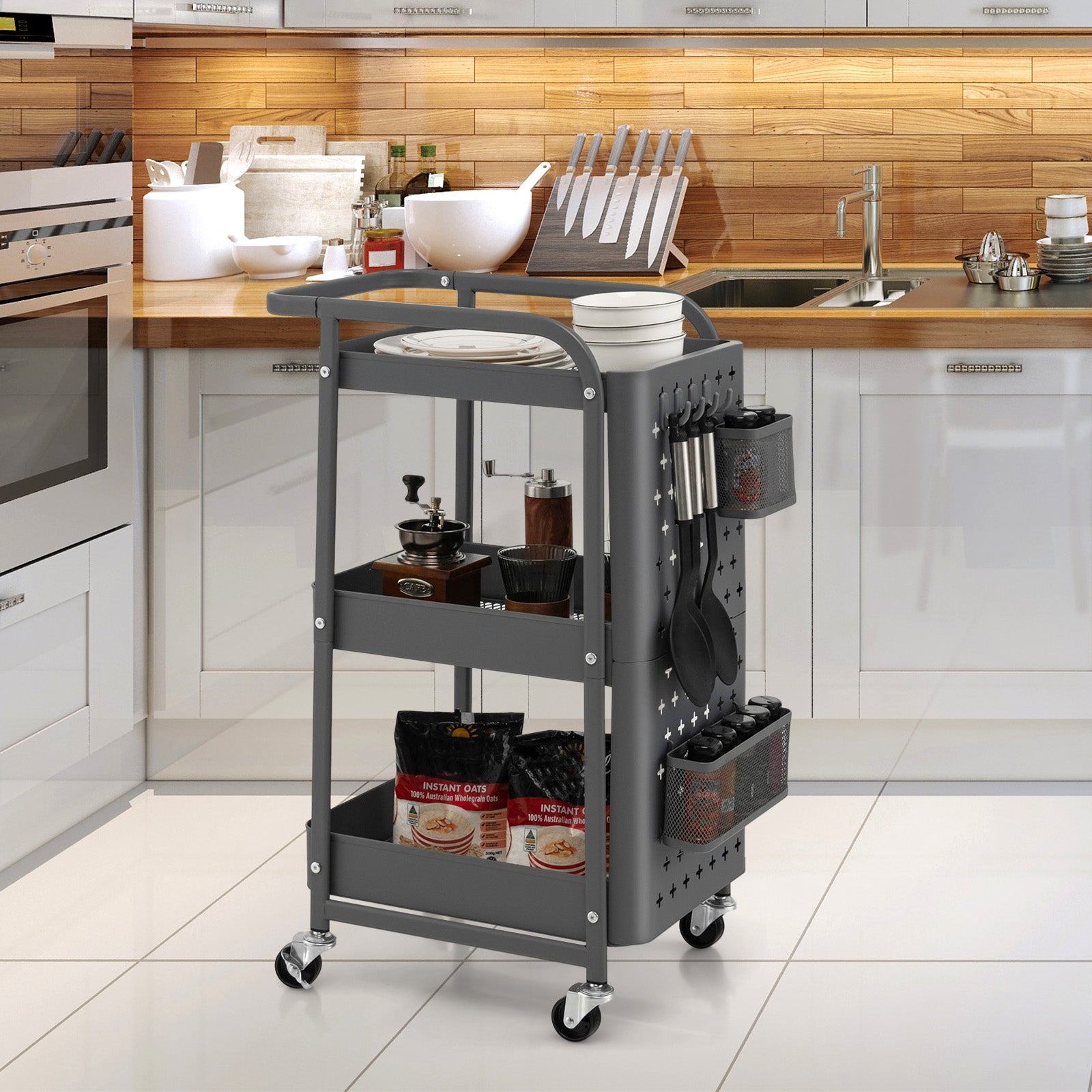 3-Tier Utility Storage Cart with DIY Pegboard Baskets-Gray