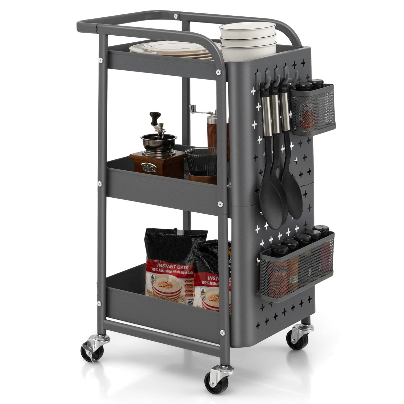 3-Tier Utility Storage Cart with DIY Pegboard Baskets-Gray