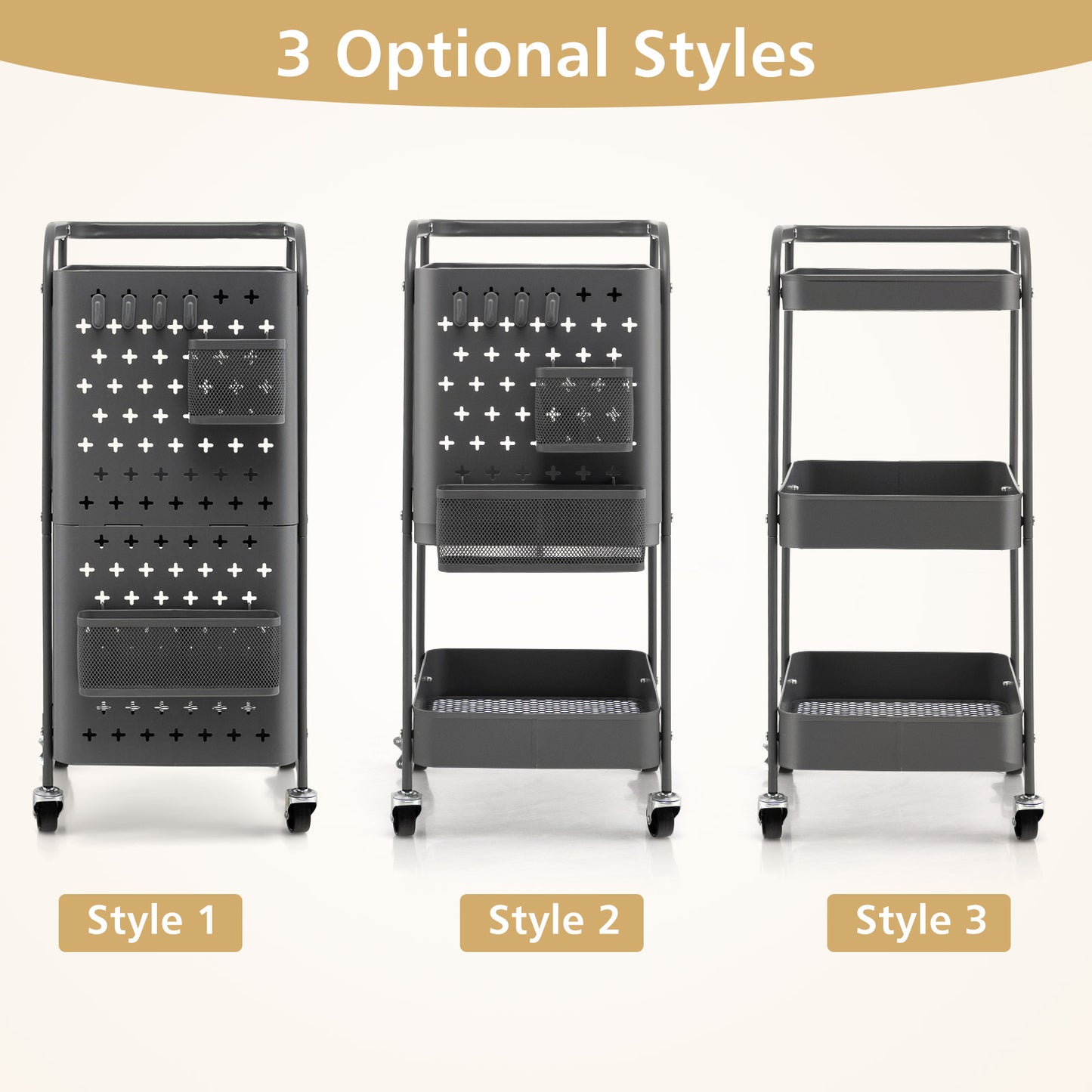 3-Tier Utility Storage Cart with DIY Pegboard Baskets-Gray