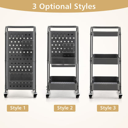 3-Tier Utility Storage Cart with DIY Pegboard Baskets-Gray