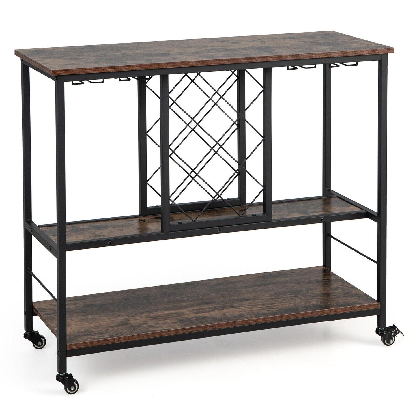 3-Tier Wine Bar Cabinet wit 8 Bottles Rack and 12 Glasses Hanger-Rustic Brown