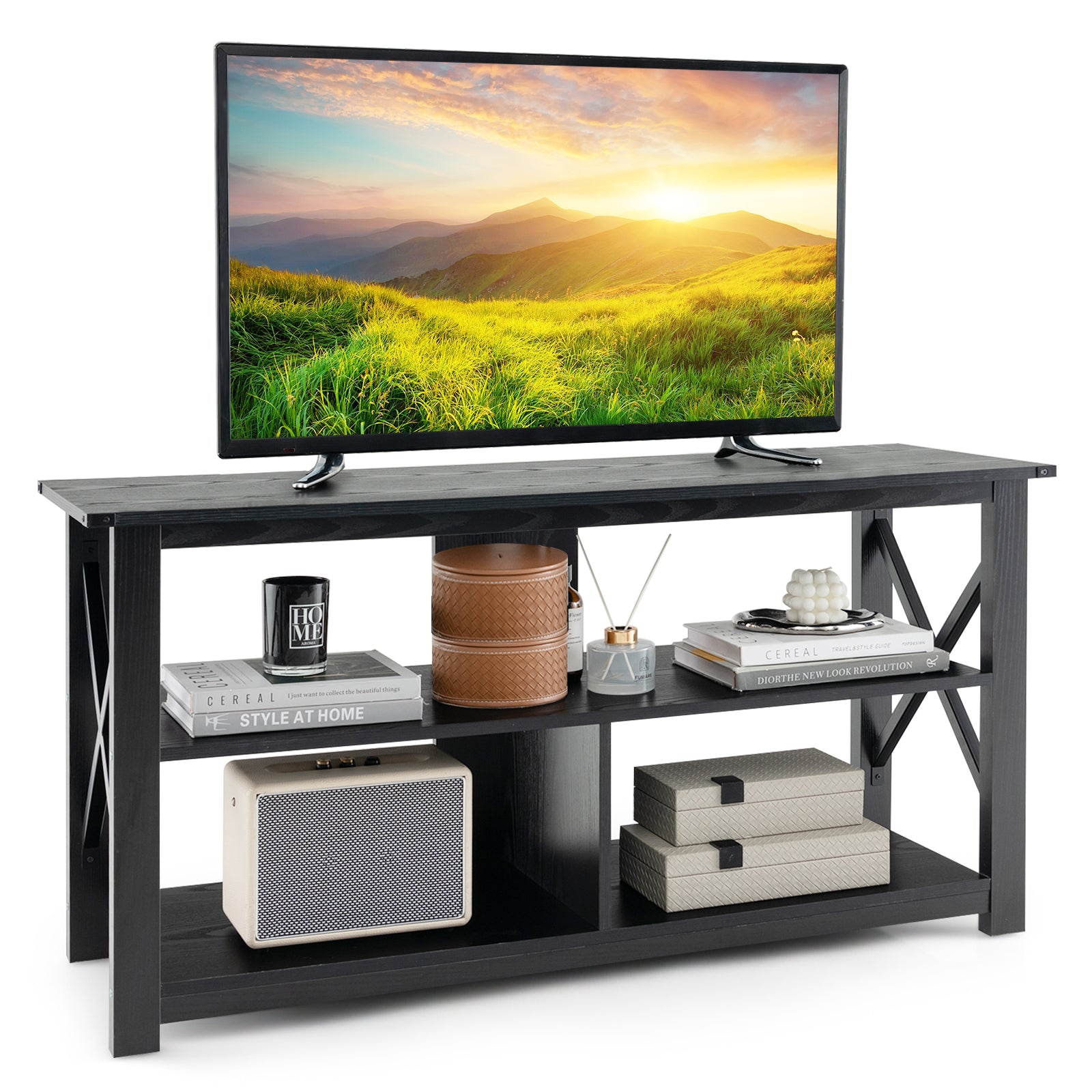 3 Tier Wood TV Stand for 55-Inch with Open Shelves and X-Shaped Frame-Gray - Black