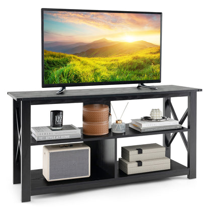 3 Tier Wood TV Stand for 55-Inch with Open Shelves and X-Shaped Frame-Gray - Black