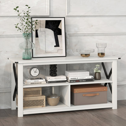 3 Tier Wood TV Stand for 55-Inch with Open Shelves and X-Shaped Frame