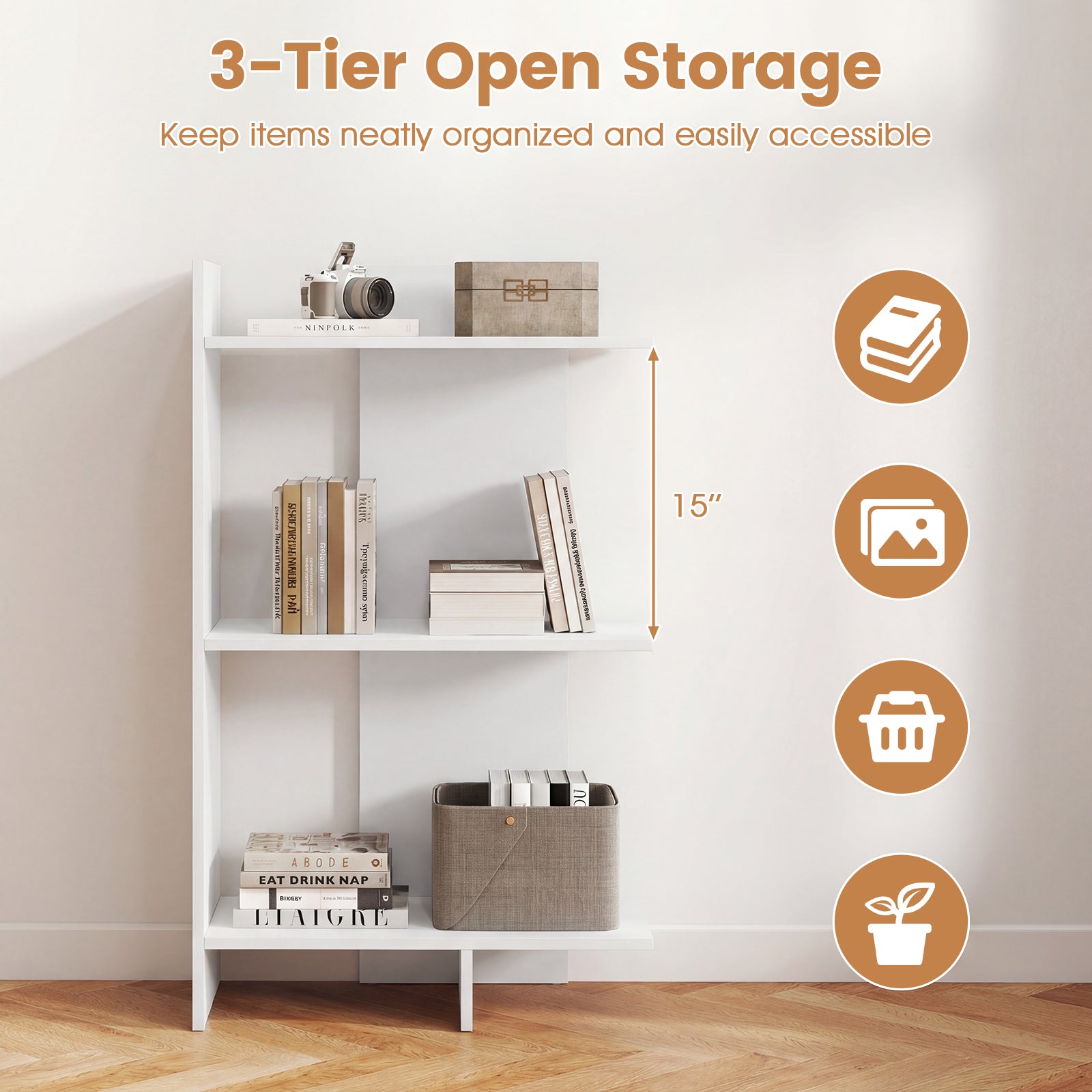 3 Tier Wooden Bookshelf with Anti-Tipping Kit-White