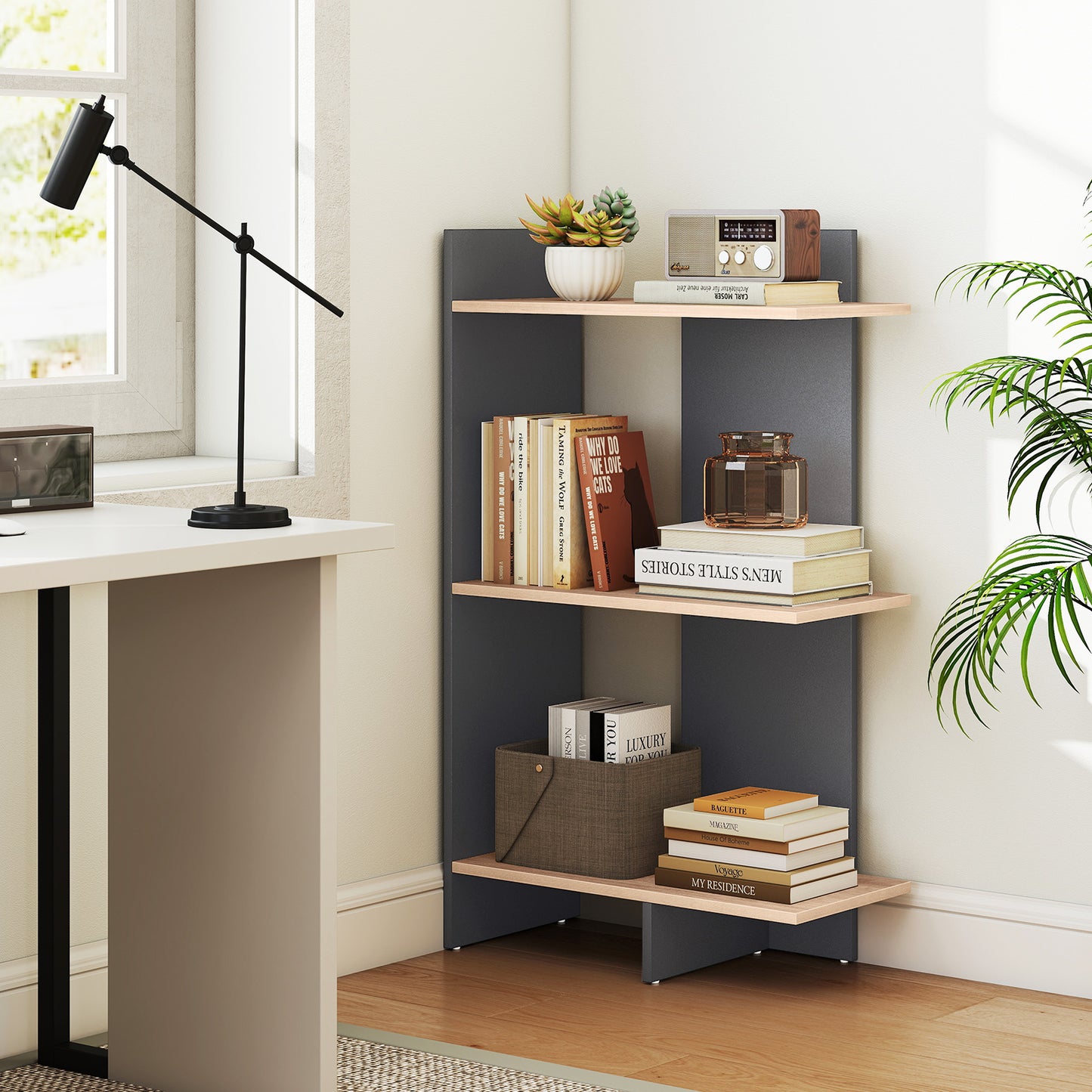 3 Tier Wooden Bookshelf with Anti-Tipping Kit-Oak