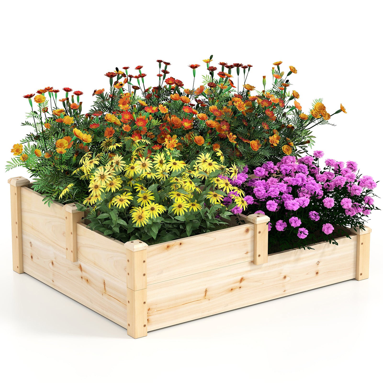 3-Tier Wooden Raised Garden Bed with Open-Ended Base-Natural