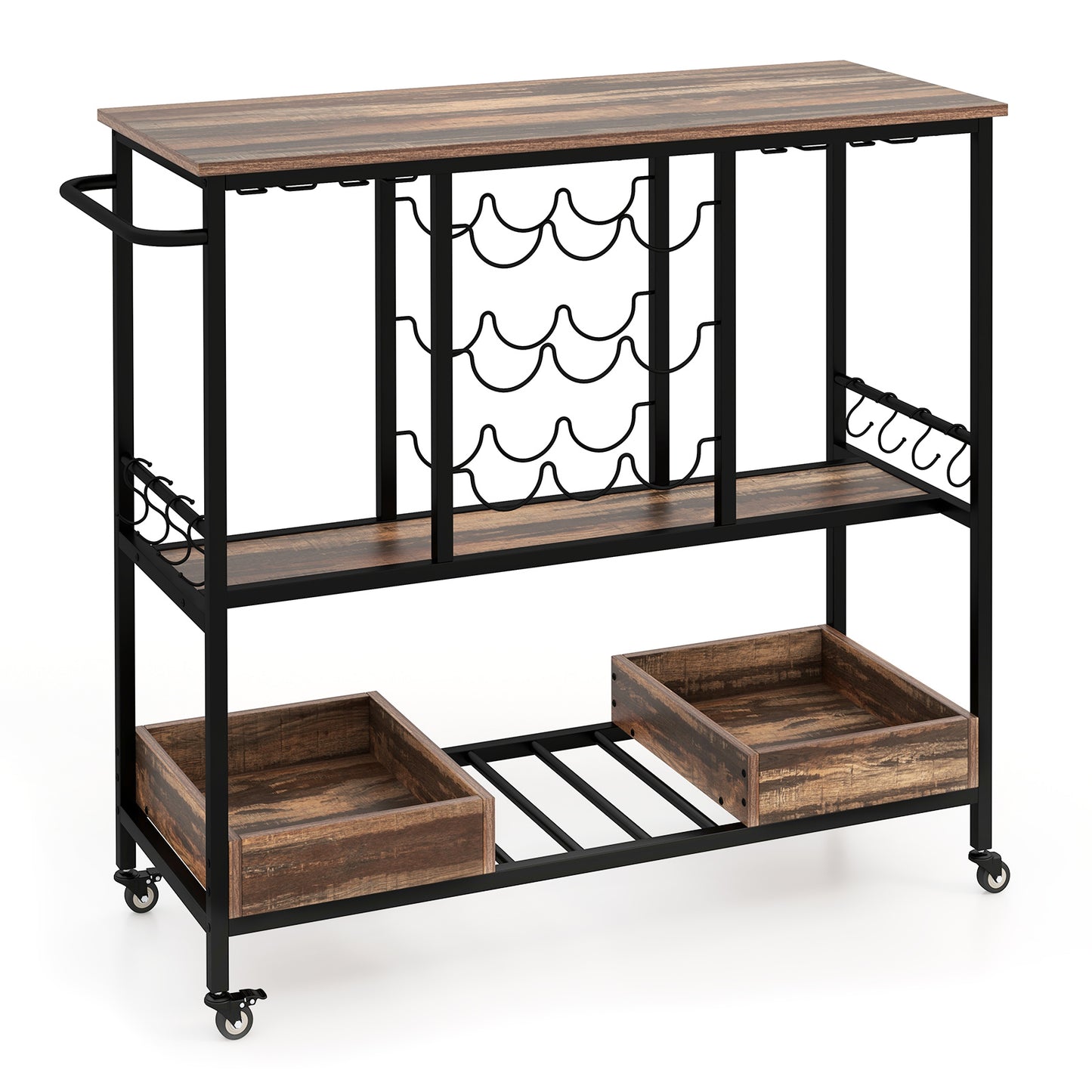 3 Tiers Bar Cart on Wheels with Glass Racks-Brown - Brown