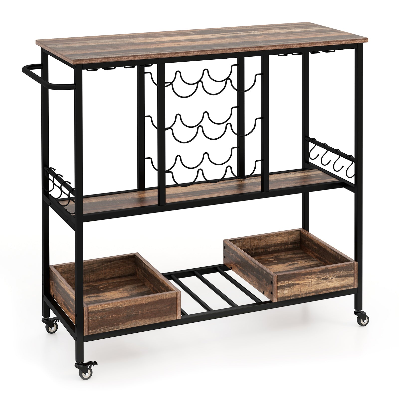 3 Tiers Bar Cart on Wheels with Glass Racks-Brown - Brown