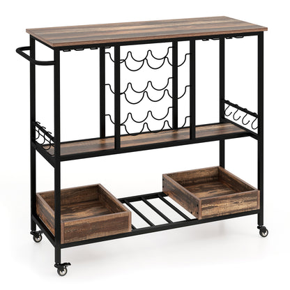 3 Tiers Bar Cart on Wheels with Glass Racks-Brown - Brown