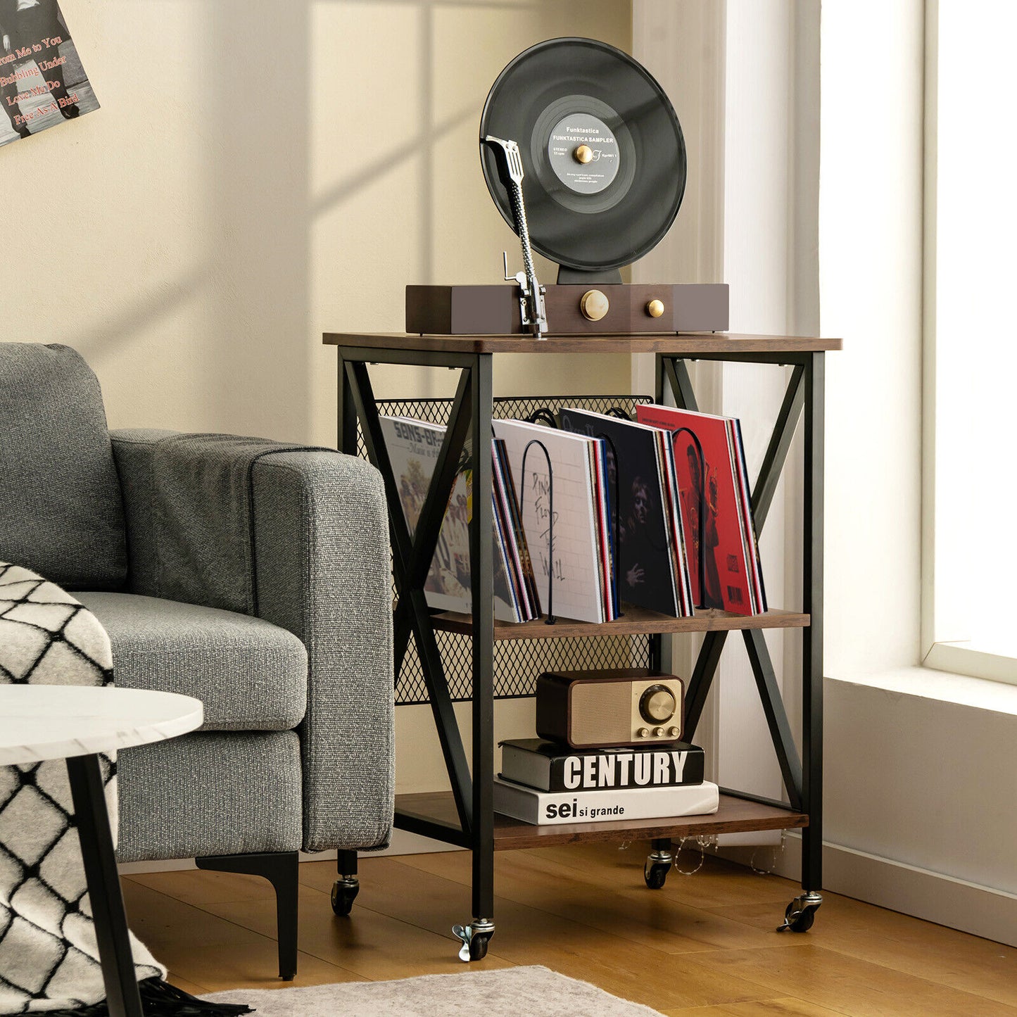 3 Tiers Vintage Style Rolling End Table with 3 Dividers for Albums-Brown