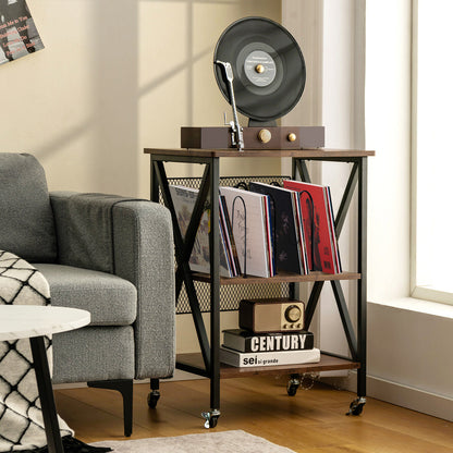 3 Tiers Vintage Style Rolling End Table with 3 Dividers for Albums-Brown