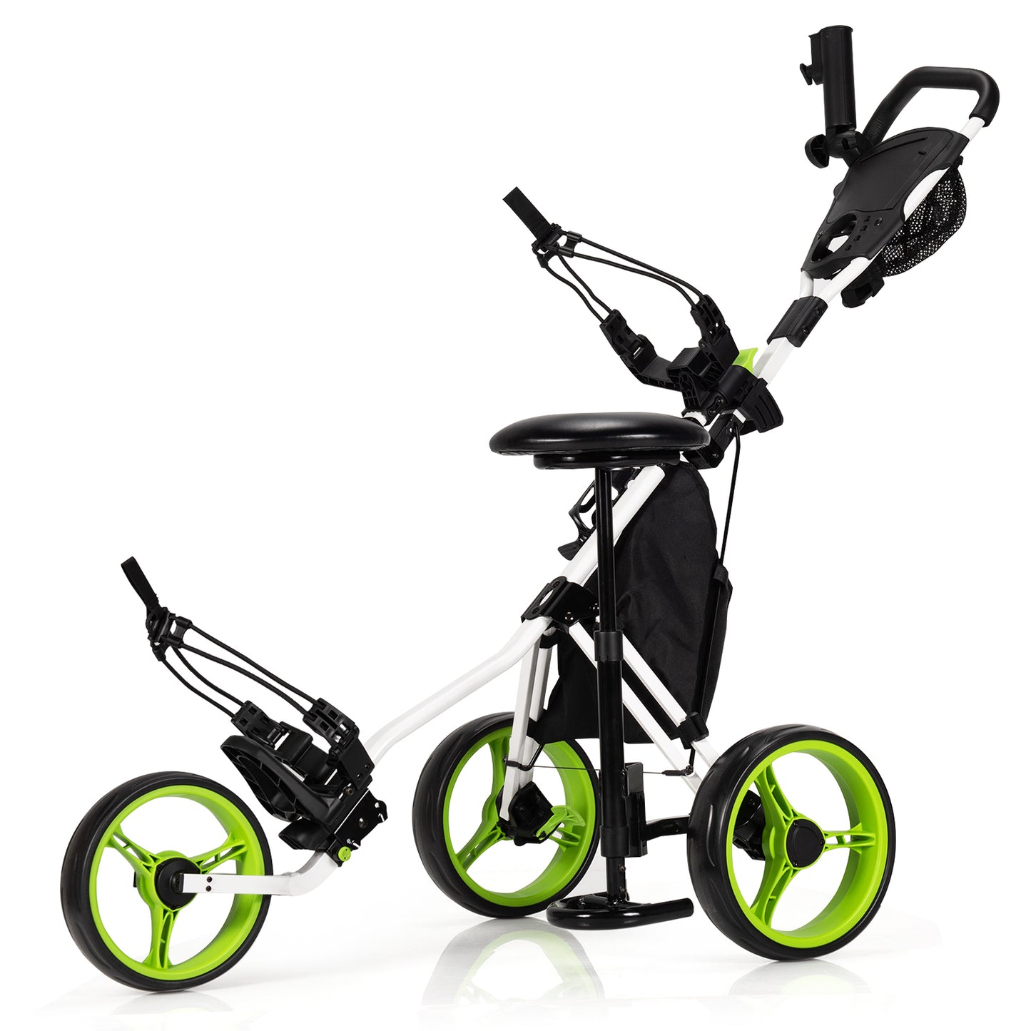 3 Wheels Folding Golf Push Cart with Seat Scoreboard and Adjustable Handle-Green - Green