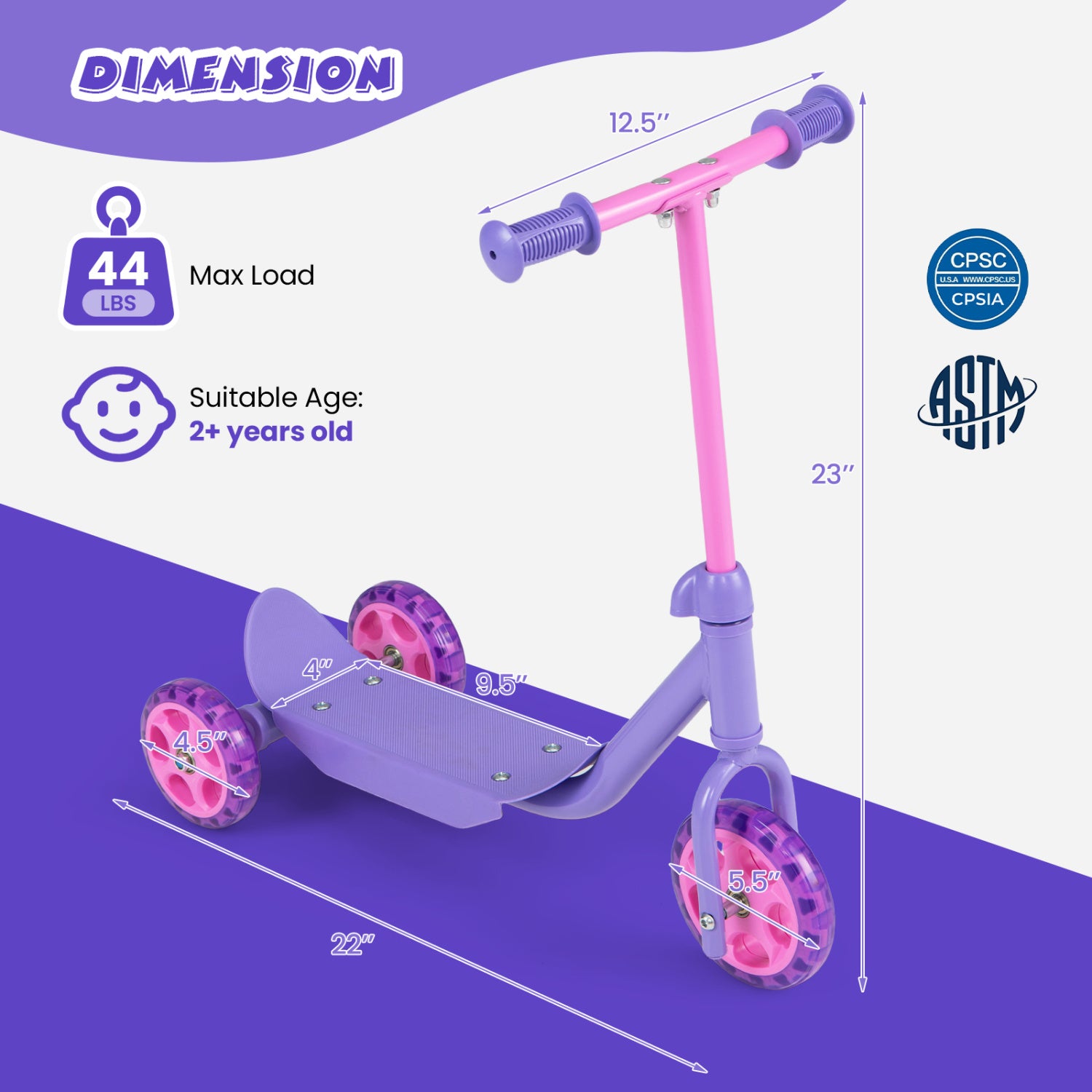 3 Wheels Scooter for Kids Age 2+ with LED Light-Up Wheels and Wide Anti-Slip Deck