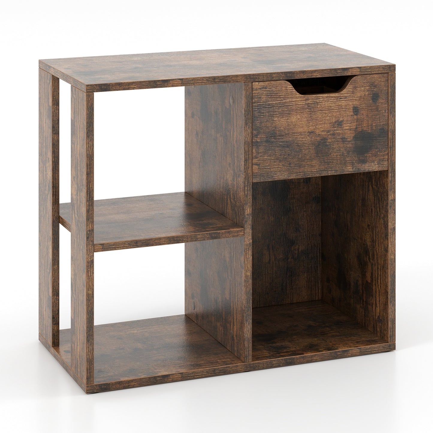 3-Cube Bookcase 2-tier Wooden Storage Shelf with Pull-out Drawer-Natural - Brown