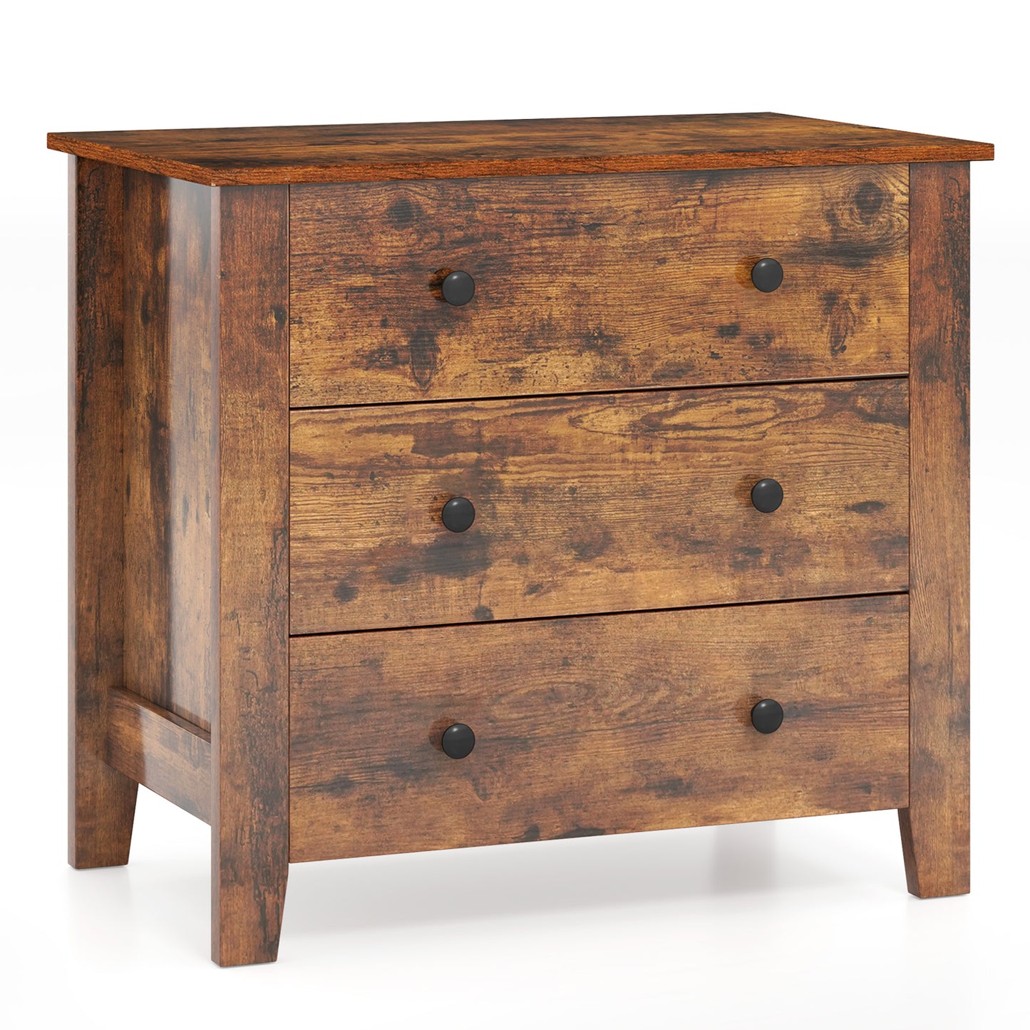 3 Drawer Dresser Chest of Drawers Bedside Table-Black - Rustic Brown